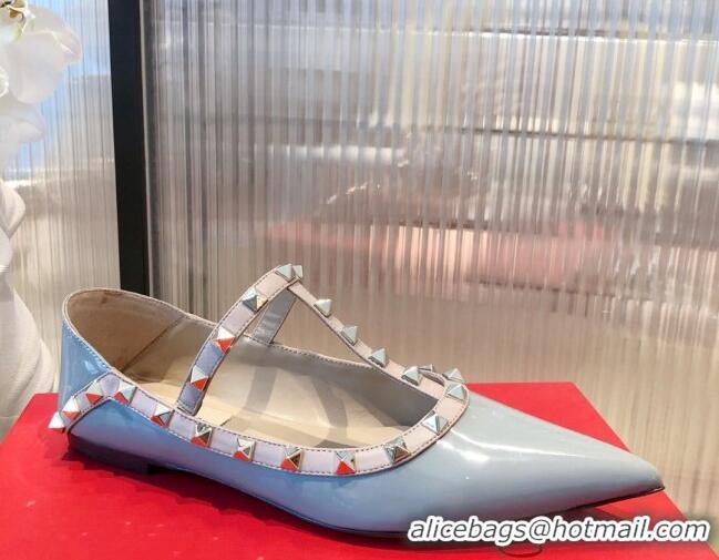 Top Quality Valentino Rockstud Patent Leather Ballet Flat 071380 Blue 2021