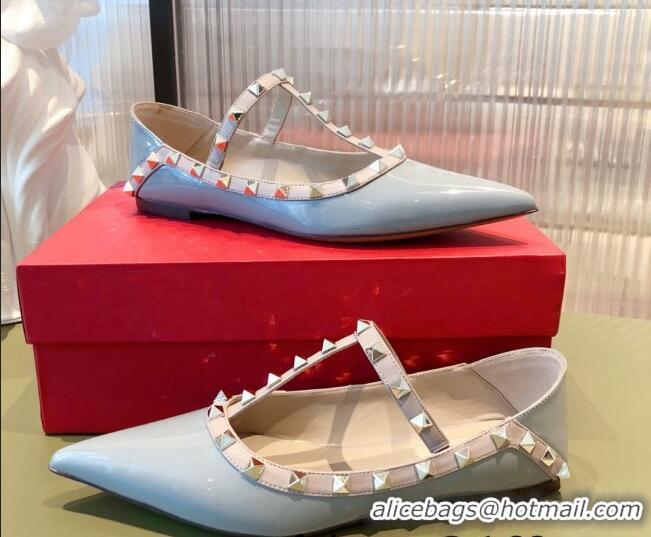 Top Quality Valentino Rockstud Patent Leather Ballet Flat 071380 Blue 2021