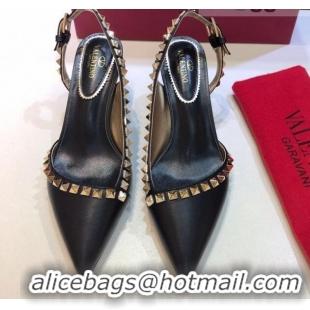 Perfect Valentino Rockstud Leather Open Pumps 6.5cm 071386 Black 2021