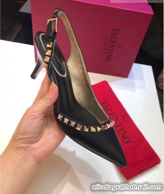 Perfect Valentino Rockstud Leather Open Pumps 6.5cm 071386 Black 2021