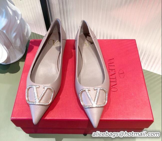 New Style Valentino Silver VLogo Grained Leather Ballet Flat 071387 Dusty Pink 2021 