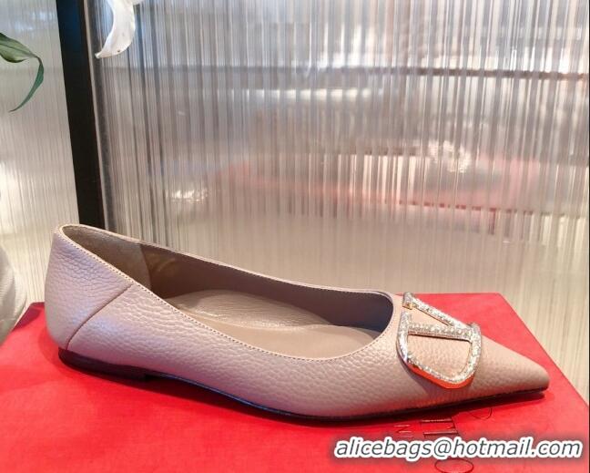 New Style Valentino Silver VLogo Grained Leather Ballet Flat 071387 Dusty Pink 2021 