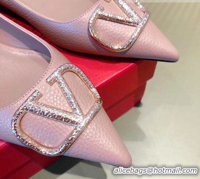 New Style Valentino Silver VLogo Grained Leather Ballet Flat 071387 Dusty Pink 2021 