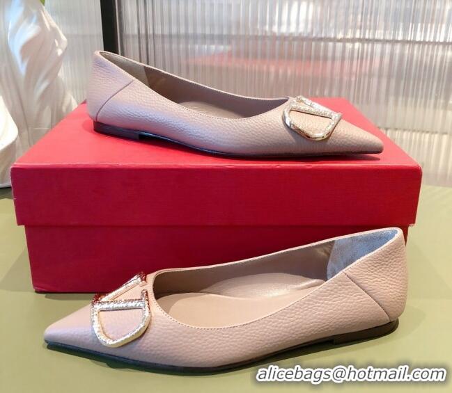 New Style Valentino Silver VLogo Grained Leather Ballet Flat 071387 Dusty Pink 2021 