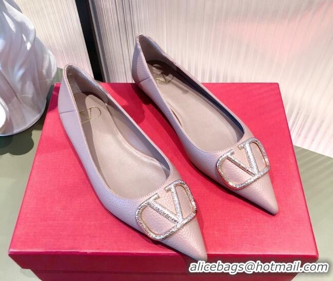 New Style Valentino Silver VLogo Grained Leather Ballet Flat 071387 Dusty Pink 2021 