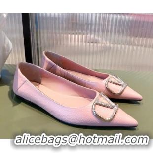 Low Price Valentino Silver VLogo Grained Leather Ballet Flat 071387 Light Pink 2021 