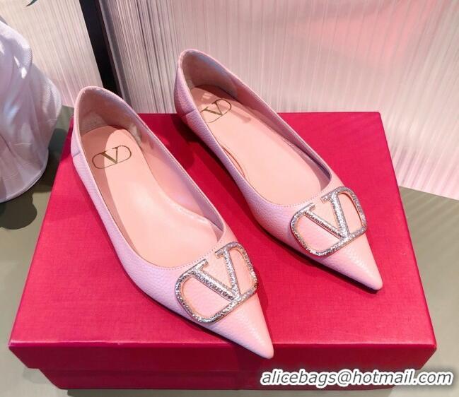 Low Price Valentino Silver VLogo Grained Leather Ballet Flat 071387 Light Pink 2021 