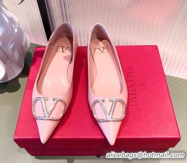 Low Price Valentino Silver VLogo Grained Leather Ballet Flat 071387 Light Pink 2021 