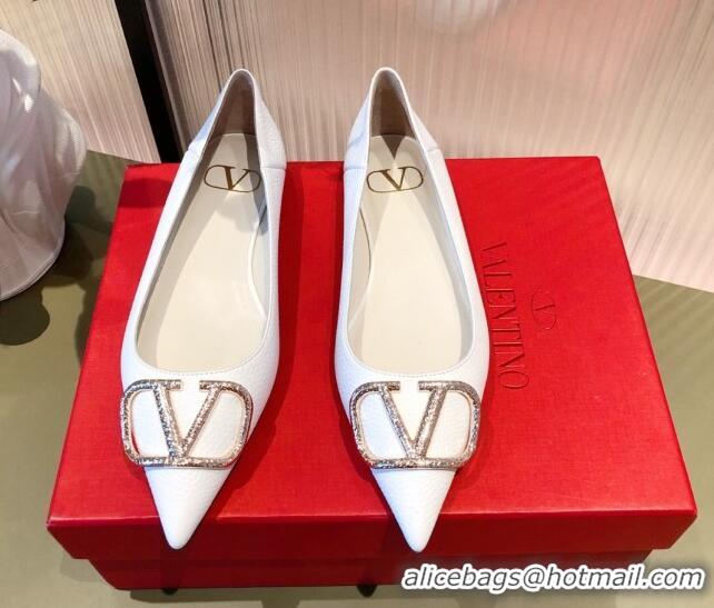 Best Price Valentino Silver VLogo Grained Leather Ballet Flat 071387 White