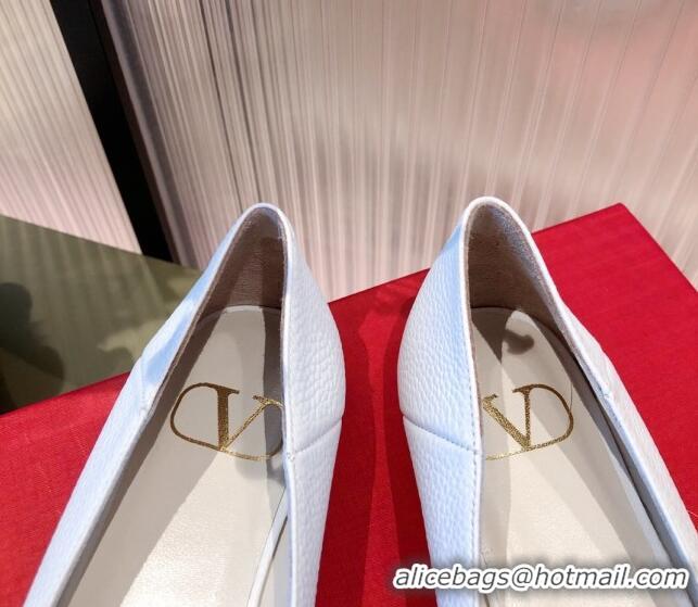 Best Price Valentino Silver VLogo Grained Leather Ballet Flat 071387 White