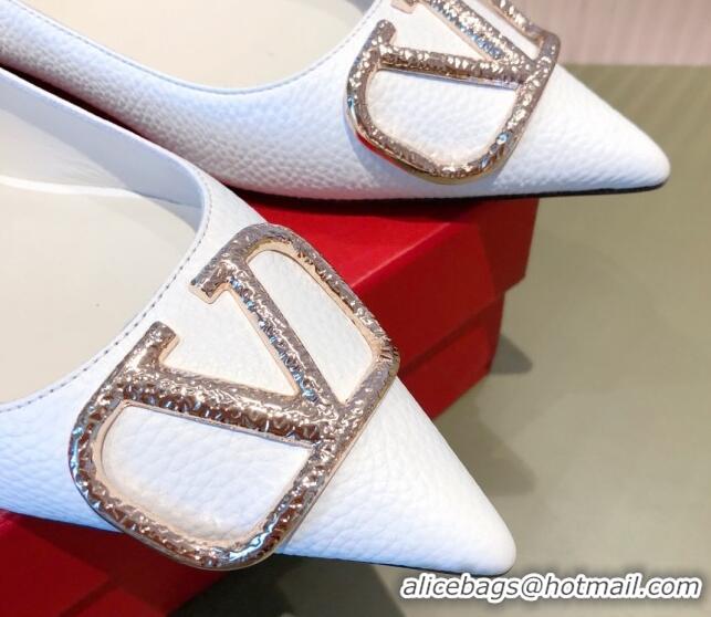 Best Price Valentino Silver VLogo Grained Leather Ballet Flat 071387 White