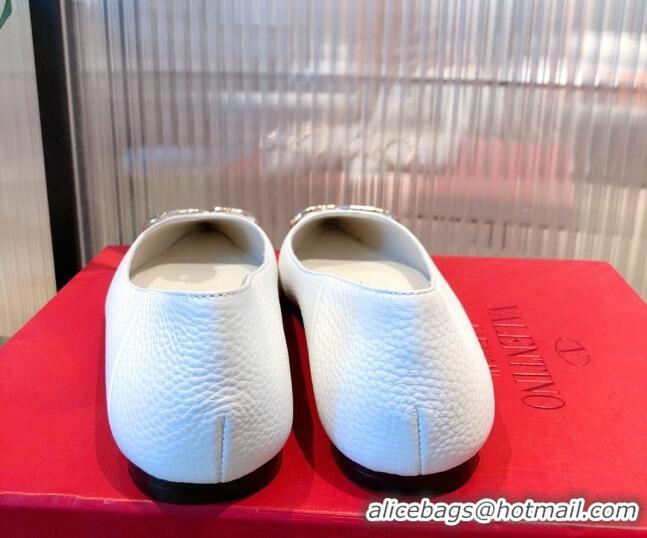 Best Price Valentino Silver VLogo Grained Leather Ballet Flat 071387 White