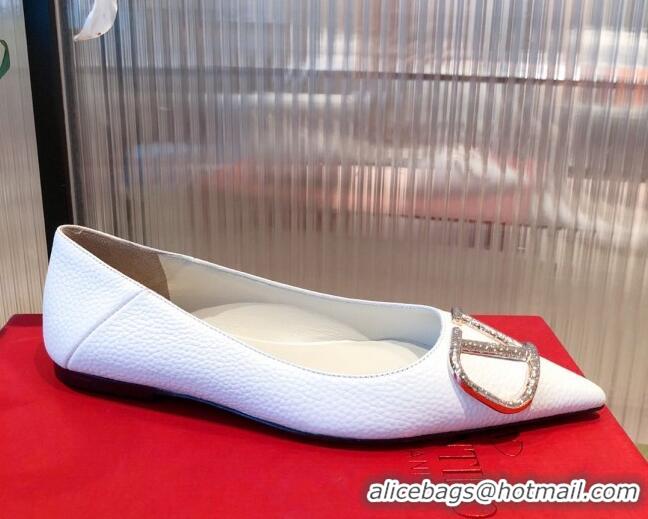 Best Price Valentino Silver VLogo Grained Leather Ballet Flat 071387 White