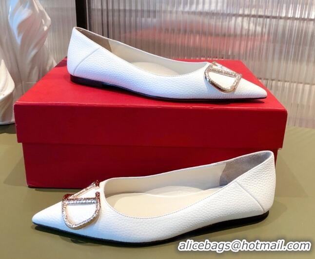 Best Price Valentino Silver VLogo Grained Leather Ballet Flat 071387 White