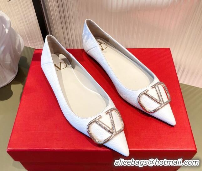 Best Price Valentino Silver VLogo Grained Leather Ballet Flat 071387 White