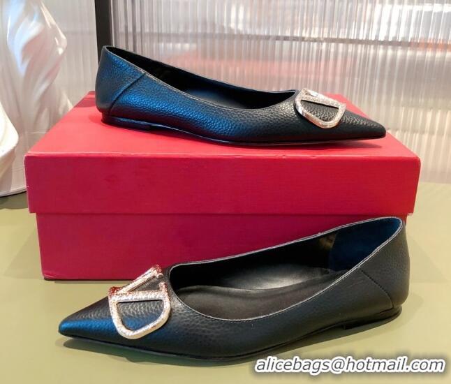 Elegant Valentino Silver VLogo Grained Leather Ballet Flat 071387 Black