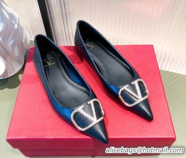 Elegant Valentino Silver VLogo Grained Leather Ballet Flat 071387 Black