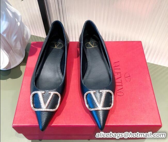 Elegant Valentino Silver VLogo Grained Leather Ballet Flat 071387 Black