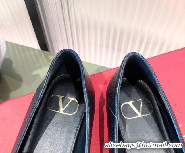 Elegant Valentino Silver VLogo Grained Leather Ballet Flat 071387 Black