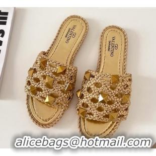 Top Quality Valentino Roman Stud Flat Slide Sandals in Woven Leather 081137 Gold 2021