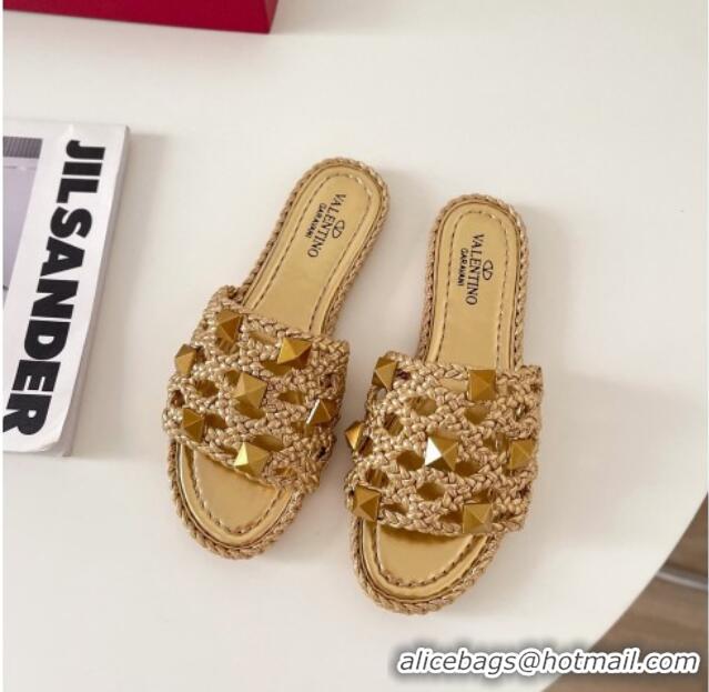 Top Quality Valentino Roman Stud Flat Slide Sandals in Woven Leather 081137 Gold 2021