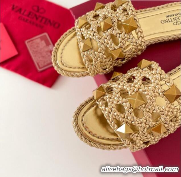 Top Quality Valentino Roman Stud Flat Slide Sandals in Woven Leather 081137 Gold 2021