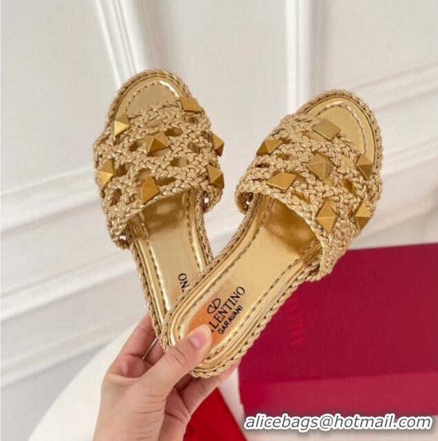 Top Quality Valentino Roman Stud Flat Slide Sandals in Woven Leather 081137 Gold 2021