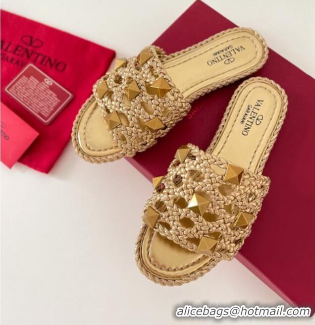 Top Quality Valentino Roman Stud Flat Slide Sandals in Woven Leather 081137 Gold 2021