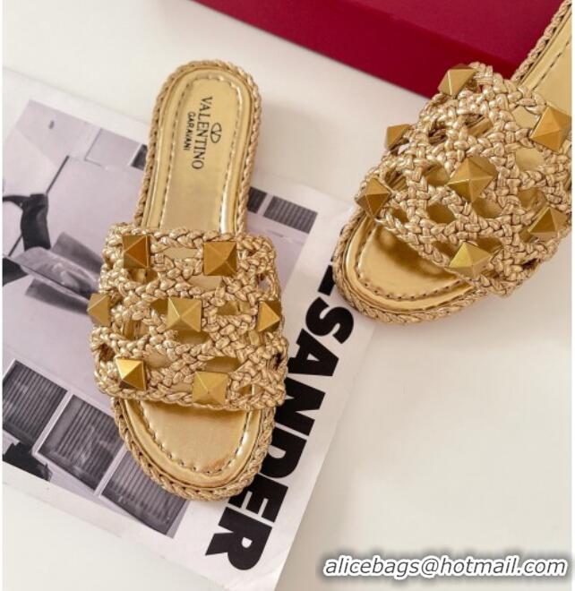 Top Quality Valentino Roman Stud Flat Slide Sandals in Woven Leather 081137 Gold 2021