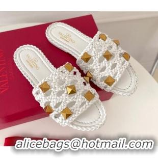 Trendy Design Valentino Roman Stud Flat Slide Sandals in Woven Leather 081138 White