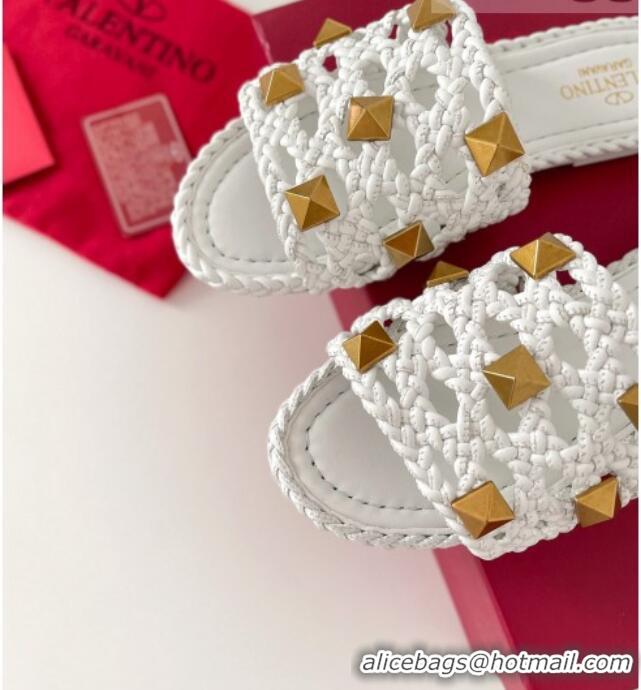 Trendy Design Valentino Roman Stud Flat Slide Sandals in Woven Leather 081138 White