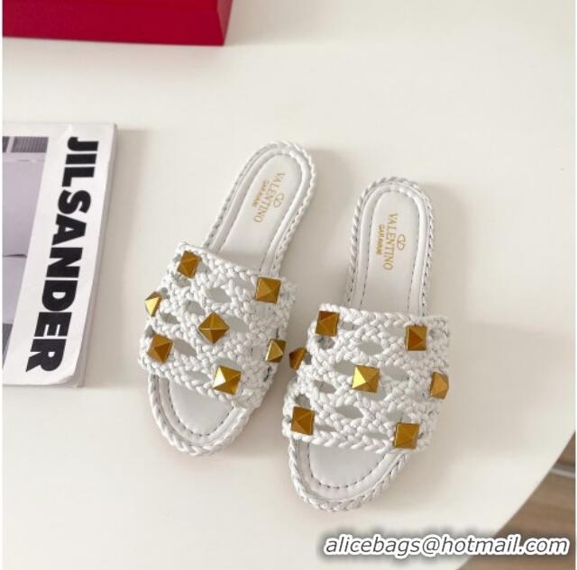 Trendy Design Valentino Roman Stud Flat Slide Sandals in Woven Leather 081138 White