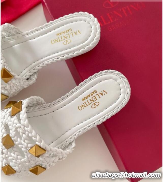 Trendy Design Valentino Roman Stud Flat Slide Sandals in Woven Leather 081138 White