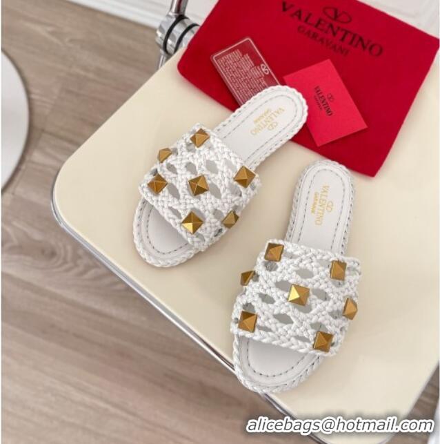 Trendy Design Valentino Roman Stud Flat Slide Sandals in Woven Leather 081138 White