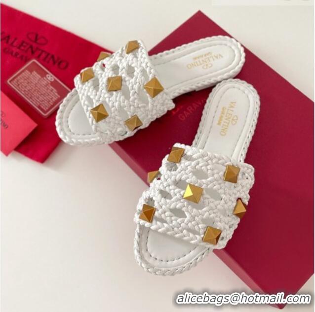 Trendy Design Valentino Roman Stud Flat Slide Sandals in Woven Leather 081138 White