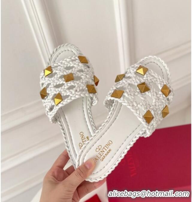 Trendy Design Valentino Roman Stud Flat Slide Sandals in Woven Leather 081138 White