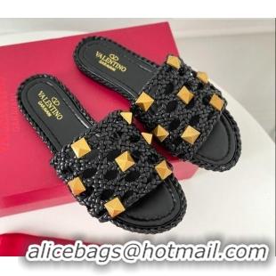 Good Product Valentino Roman Stud Flat Slide Sandals in Woven Leather 081138 Black