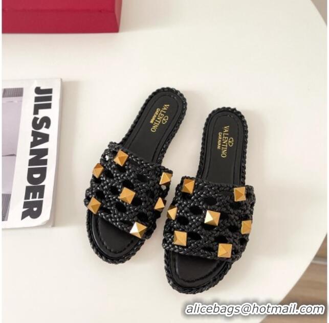 Good Product Valentino Roman Stud Flat Slide Sandals in Woven Leather 081138 Black