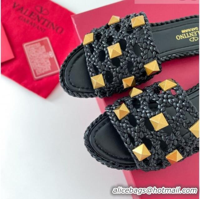 Good Product Valentino Roman Stud Flat Slide Sandals in Woven Leather 081138 Black