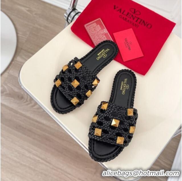 Good Product Valentino Roman Stud Flat Slide Sandals in Woven Leather 081138 Black