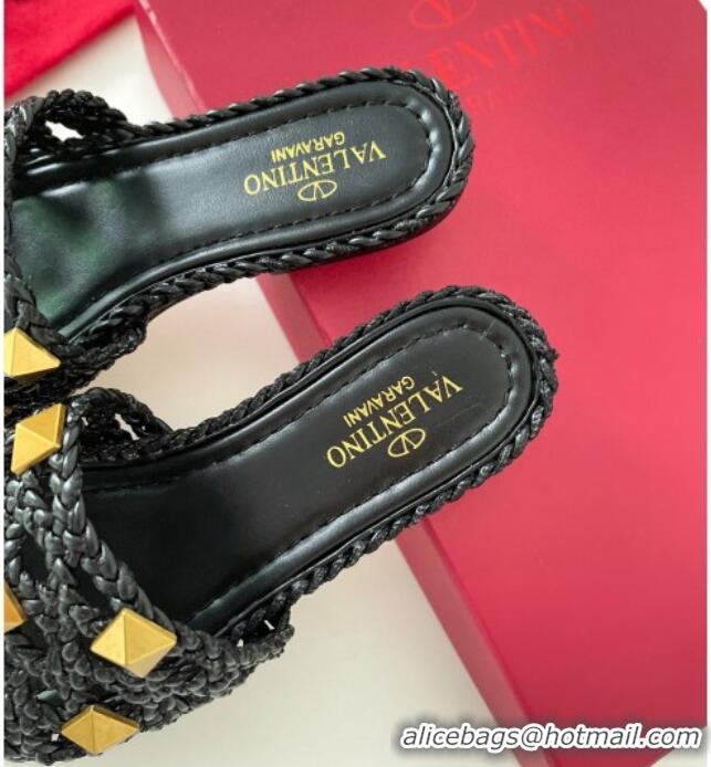 Good Product Valentino Roman Stud Flat Slide Sandals in Woven Leather 081138 Black