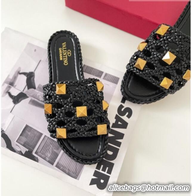 Good Product Valentino Roman Stud Flat Slide Sandals in Woven Leather 081138 Black