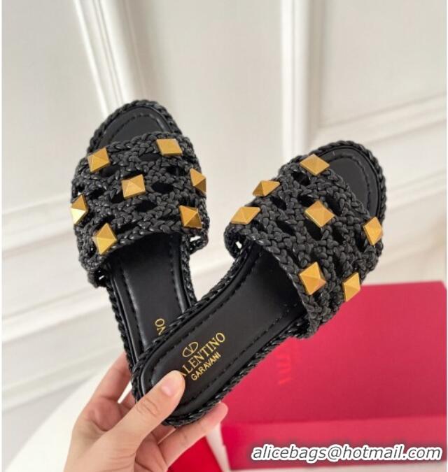 Good Product Valentino Roman Stud Flat Slide Sandals in Woven Leather 081138 Black