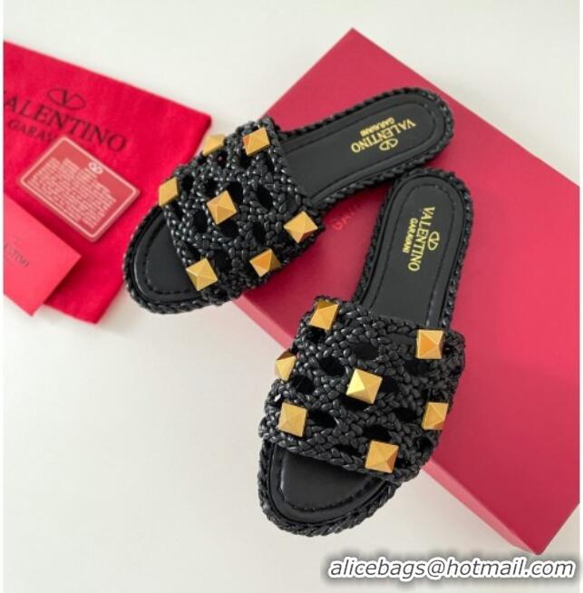 Good Product Valentino Roman Stud Flat Slide Sandals in Woven Leather 081138 Black