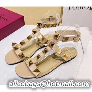 Super Quality Valentino Roman Stud Calfskin Strap Flat Sandals 081316 Beige 2021