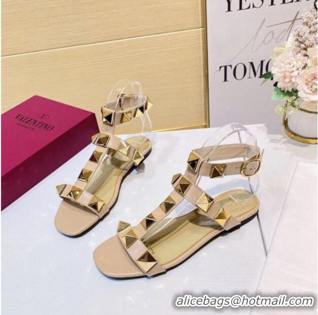 Super Quality Valentino Roman Stud Calfskin Strap Flat Sandals 081316 Beige 2021