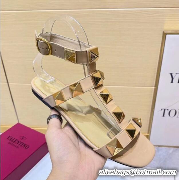 Super Quality Valentino Roman Stud Calfskin Strap Flat Sandals 081316 Beige 2021