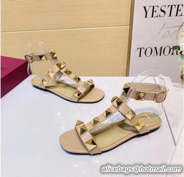 Super Quality Valentino Roman Stud Calfskin Strap Flat Sandals 081316 Beige 2021