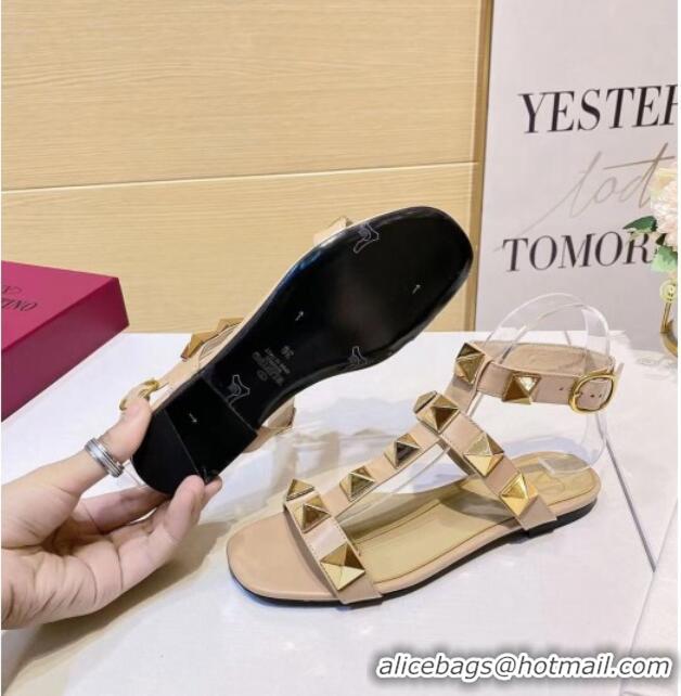 Super Quality Valentino Roman Stud Calfskin Strap Flat Sandals 081316 Beige 2021