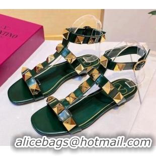 Top Quality Valentino Roman Stud Calfskin Strap Flat Sandals 081316 Green 2021